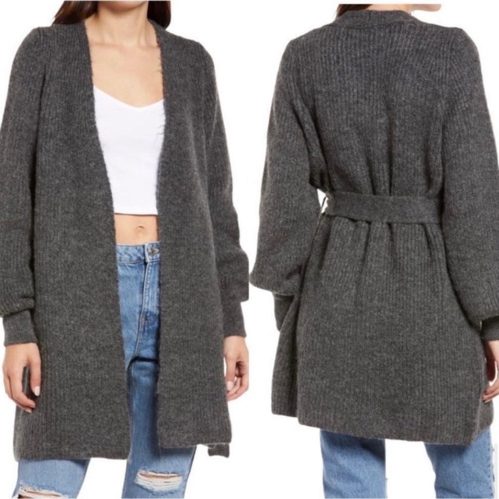 TOPSHOP Belted Blouson Sleeve Wool-Blend grey Cardigan